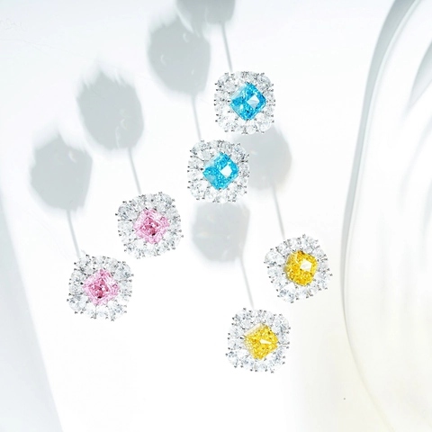 Pendientes de Botón de Flor Cuadrada de Corte Radiant de Plata de Ley 925 con Pavé de Strass de Colores para Mujer