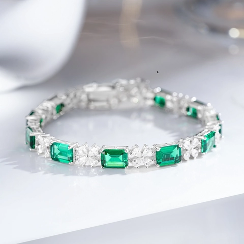 Bracciale Tennis in Argento Sterling 925 con Zirconia Taglio Smeraldo per Donna Elegante Corindone Rosso Geometrico Gioielli