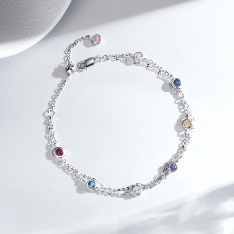 Bracciale a Doppio Strato in Argento Sterling S925 Con Catena a Bolle e Strass Colorati Gioielli Regolabili Donna