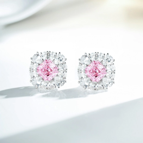 Pendientes de Botón de Flor Cuadrada de Corte Radiant de Plata de Ley 925 con Pavé de Strass de Colores para Mujer