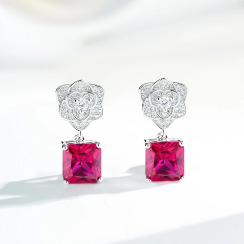Lussuosi Orecchini a Pendente in Argento Sterling 925 a Forma di Fiore per Donna Rubino Sintetico Rosso Zirconia Intarsiata