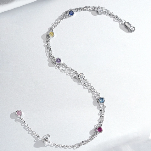 Bracciale a Doppio Strato in Argento Sterling S925 Con Catena a Bolle e Strass Colorati Gioielli Regolabili Donna