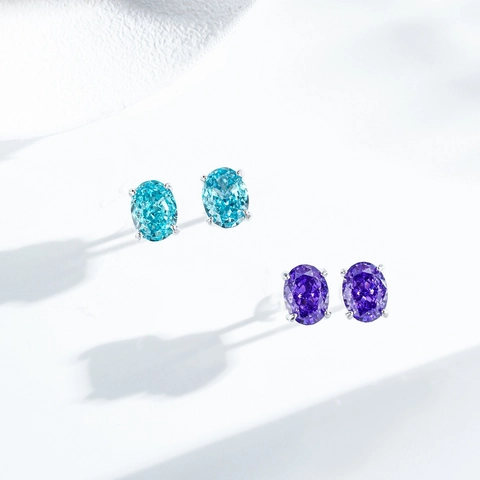Orecchini a Bottone in Argento Sterling 925 con Strass Taglio Ovale per Donna Gioielli con Taglio Radiant a Quattro Griffe Blu Mare Viola