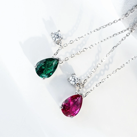 Elegant S925 Sterling Silver Water Drop Pendant Necklace For Women Emerald Green Red Corundum Rhinestone Clavicle Chain Jewelry