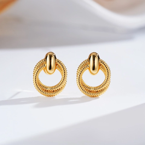 Vintage 24K Gold Plated Copper Earrings With Silver Earring Post Brushed Minimalist Geometric Geometric Hoop Drop Stud Earrings Women Jewelry