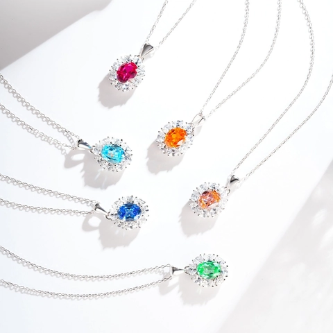 S925 Sterling Silver Halo Pendant Necklace For Women Colorful Oval Cut Zirconia Fashion Jewelry Elegant Neckwear Gift
