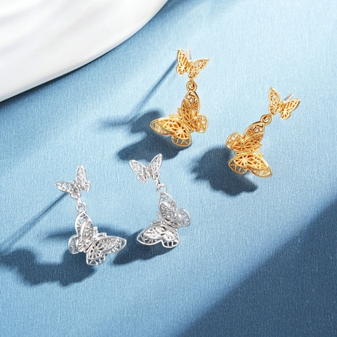 925 Sterling Zilveren Vlinder Hangende Oorbellen Opengewerkte Dubbele Vlinder Druppel Oorbellen Voor Vrouwen Elegante Dagelijkse Sieraden