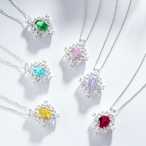 Collana con Ciondolo in Argento Sterling 925 per Donna Lusso Zirconia Strass Forma a Uovo di Piccione Ovale Lavanda Giallo Blu Ciondolo Gemma Gioielli Regalo