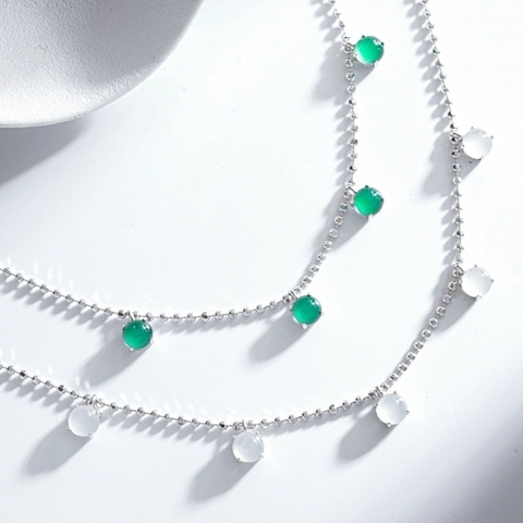 Collana con Ciondolo in Calcedonio Bianco Verde in Argento Sterling 925 Catena a Sfere Girocollo Agata Gioielli da Donna