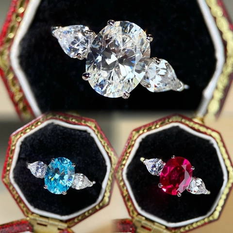 925 Sterlingsilber Ovaler Schnitt Drei Steine Ring Für Damen Luxus Himmelblau Rot Zirkonia Eingelegt Pendler Stil Fingerring Schmuck