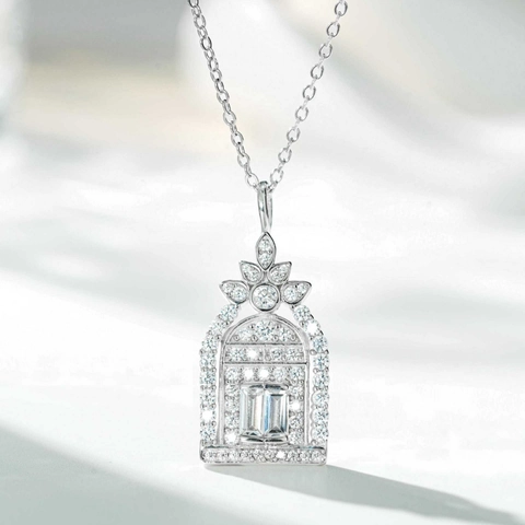 925 Sterling Silver Door of Happiness Pendant Necklace Vintage Architectural Arch Geometric Rhinestone Inlaid Emerald Cut Clavicle Chain Jewelry for Women