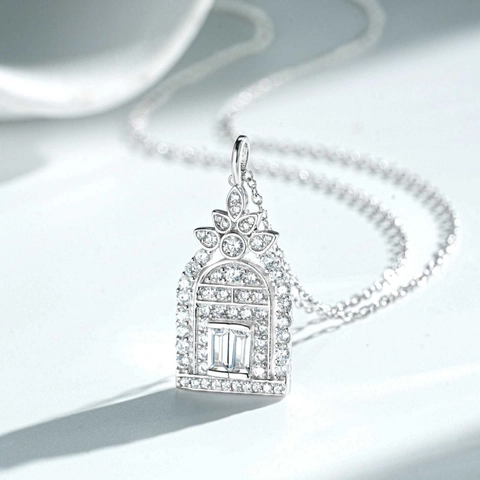 925 Sterling Silver Door of Happiness Pendant Necklace Vintage Architectural Arch Geometric Rhinestone Inlaid Emerald Cut Clavicle Chain Jewelry for Women