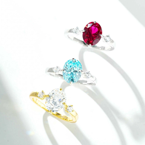 925 Sterling Silver Oval Cut Three Stone Ring For Women 18K Gold Plated Zirconia Red Ruby Blue Aquamarine Elegant Jewelry