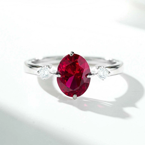 925 Sterling Silver Oval Cut Three Stone Ring For Women 18K Gold Plated Zirconia Red Ruby Blue Aquamarine Elegant Jewelry