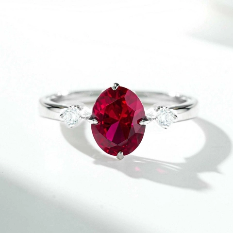 Anello in Argento Sterling 925 da Donna Taglio Ovale a Tre Pietre Placcato Oro 18K Zirconia Rosso Blu Acquamarina Gioielli