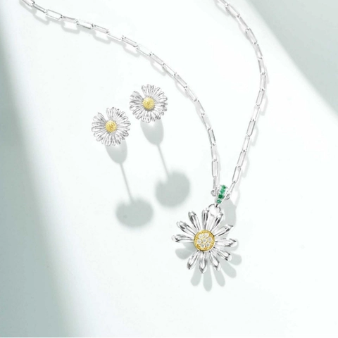 Juego de Joyas de Plata de Ley 925 Collar Pendientes Margarita para Mujer Diamantes Imitación Girasol Cadena Clip Joyería Floral Regalo