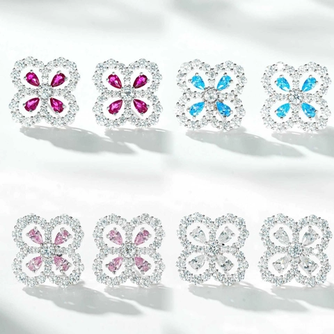 Orecchini a Bottone Quadrifoglio in Argento Sterling S925 per Donna Orecchini Floreali Intarsiati con Strass Scintillanti Regalo Elegante