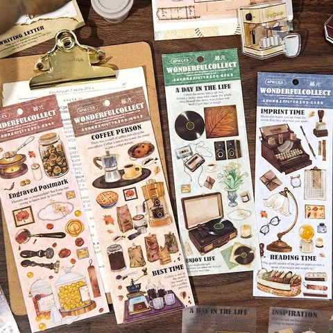 Vintage PET Aufkleber Pack Für Scrapbooking Schöne Momente Serie Retro Kaffee Schallplatte Thema Transparente Deko Aufkleber