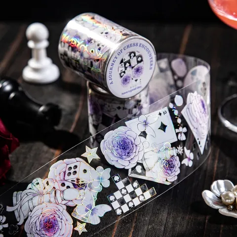 Vintage Chess Journey PET Tape Gold Stamping Flower Rose Poker Pattern Decorative Sticker Tape For Journal DIY Craft