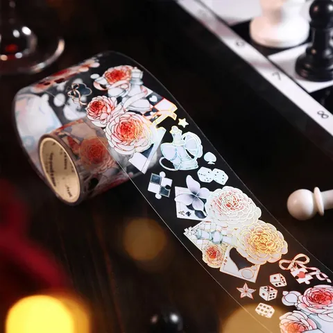 Vintage Chess Journey PET Tape Gold Stamping Flower Rose Poker Pattern Decorative Sticker Tape For Journal DIY Craft