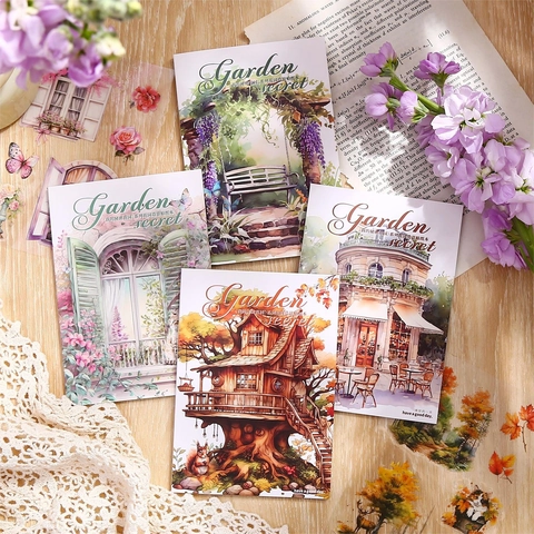 Vintage Pastoral Style My Secret Garden Series PET Waterproof Die-cut Sticker Book For Journaling Scrapbooking DIY Floral Forest Landscape Decoration Stickers