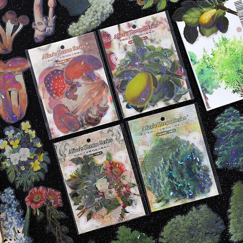 Adesivi in PET Vintage Serie Alice's Dream Olografici Laser Floreali Funghi Frutta Materiale per Decorazione Hand Diary