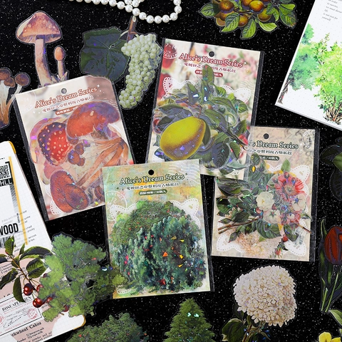 Adesivi in PET Vintage Serie Alice's Dream Olografici Laser Floreali Funghi Frutta Materiale per Decorazione Hand Diary