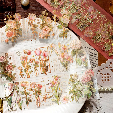 Adesivi PET a Forma di Fiore con Stampa a Caldo Oro Retro Botanico Diario Decalcomanie Decorative Serie Giardino