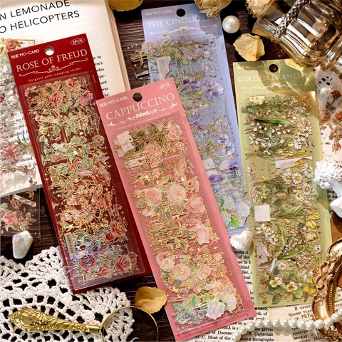 Adesivi PET a Forma di Fiore con Stampa a Caldo Oro Retro Botanico Diario Decalcomanie Decorative Serie Giardino