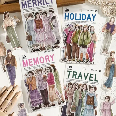 30 Pièces Autocollants Washi Japonais Vintage Pour Journal Scrapbooking Mode Fille Figure Décalcomanie Ensemble Clumsy Hug Série Autocollants De Papeterie