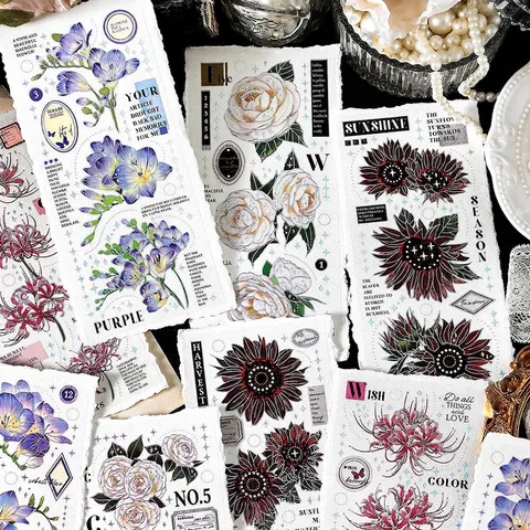 PaperMore Vintage PET Florale Aufkleber 3D Silberfolie Kamelie Rose Deko Klebeband Für Scrapbooking DIY Journal Material