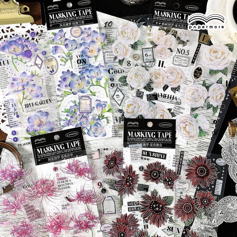 PaperMore Vintage PET Florale Aufkleber 3D Silberfolie Kamelie Rose Deko Klebeband Für Scrapbooking DIY Journal Material