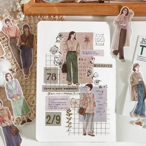 30 Pezzi Adesivi di Personaggi in Carta Washi Stile Vintage Giapponese Ragazze alla Moda OOTD Illustrazioni per Decorazione Journaling