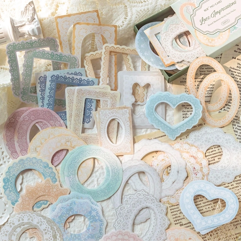 50PCS Vintage Hollow Out Scrapbooking Stickers Writable Paper Frame Material Pack For DIY Crafts Planner Journaling Decals