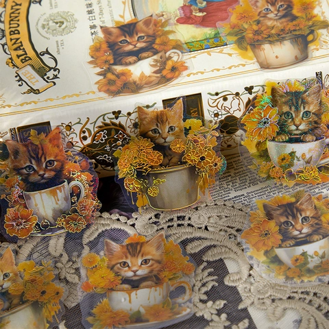Vintage Katzen Aufkleber PET Material Goldprägung Retro Katze Thema Scrapbooking DIY Dekorative Haftetiketten Für Journaling