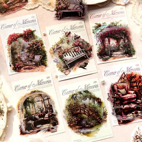 Vintage Watercolor PET Stickers Memory Corner Series Romantic Garden Scenery Scrapbooking Decorative Sticker For Journal DIY Craft
