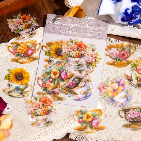 Vintage Floral Teacup PET Stickers Aesthetic Retro Decals For Scrapbooking Journaling DIY Art Crafts Journal Decorative Sticker Set