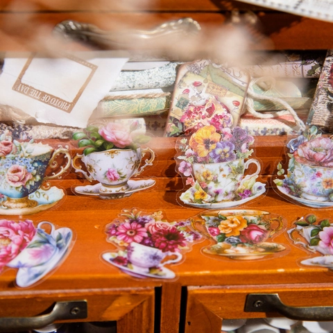 Vintage Floral Teacup PET Stickers Aesthetic Retro Decals For Scrapbooking Journaling DIY Art Crafts Journal Decorative Sticker Set