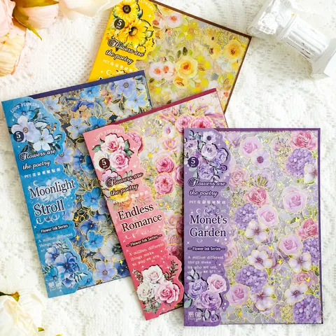 Vintage Floral PET Aufkleber Heißprägung Blumen Thema Planer Dekoration Scrapbooking Materialien Ästhetische Transparente Pflanzen Aufkleber