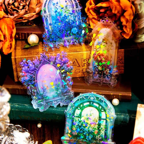 Laser Holographic Retro Flower Window Stickers PET Gothic Architecture Floral Decals For DIY Scrapbooking Journaling Decor