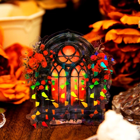 Laser Holographic Retro Flower Window Stickers PET Gothic Architecture Floral Decals For DIY Scrapbooking Journaling Decor