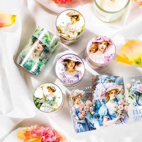Vintage Victorian Spring Girl PET Decorative Tape Retro Floral Character Adhesive Tape For Scrapbooking DIY Journal Craft
