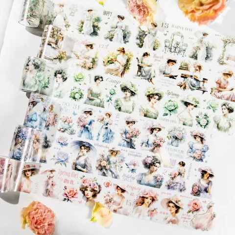 Vintage Victorian Spring Girl PET Decorative Tape Retro Floral Character Adhesive Tape For Scrapbooking DIY Journal Craft