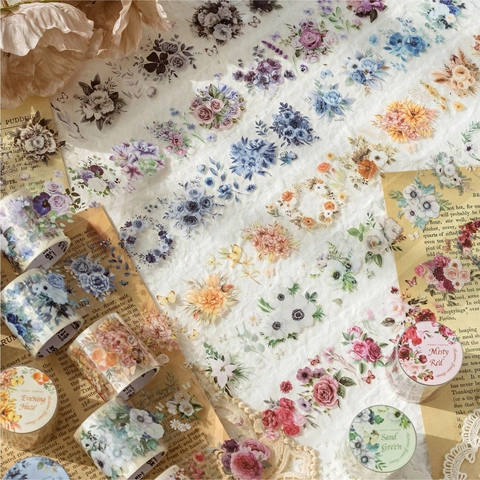 Vintage PET Dekoratives Klebeband Blumen Schmetterling Thema Bedruckt Weiße Tinte Scrapbooking Journaling Material Für Schule Alltag Kunst
