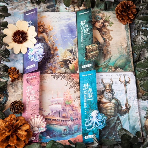 Retro Undersea Theme Scrapbooking Material Paper Mermaid Sea God Pattern For Junk Journal DIY Crafting Vintage Stationery Decoration