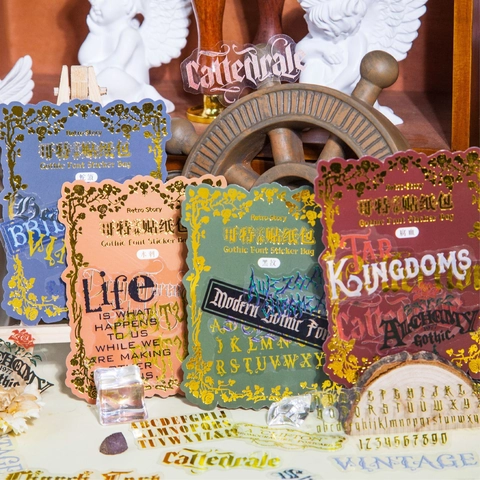 Confezione di Adesivi Alfabeto Gotico Retrò PET Bronzato Scuro Vintage Lettera Numero Adesivi Decorativi per Journal Scrapbook Fai da te