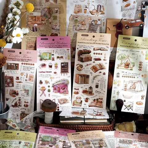 Confezione di Adesivi in PET Estetici Retrò per Scrapbooking Fai-da-te Adesivi Decorativi per Journaling Impermeabili