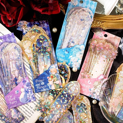 Vintage PET Laser Gold Stamping Bookmarks Stickers Stained Glass Style Dreamy Floral Ocean Theme Journal Decor Stationery Accessories