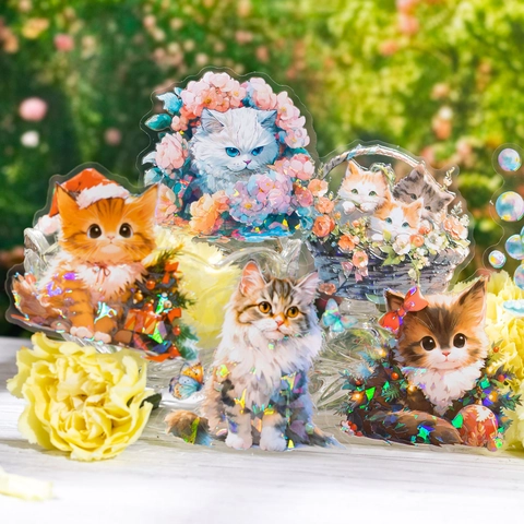 Shell Luster PET Kitten Stickers Cute Cat Cartoon Decals For DIY Scrapbooking Journaling Decoration Botanical Floral Animal Illustrations