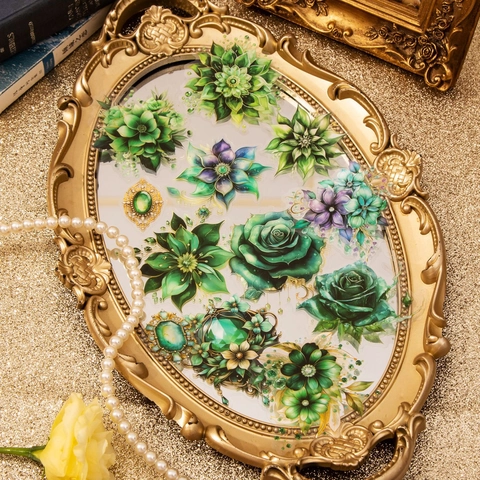 30 Pièces Série Gem Blooms Autocollants en PET avec Fleurs pour Scrapbooking Vintage Floral Pierres Précieuses Autocollants Décoratifs pour Journaling